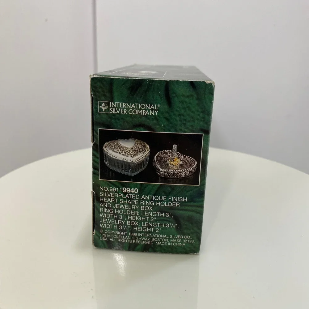 International Silver Co Heart Jewelry Box Ring Holder Set Silverplated Victorian